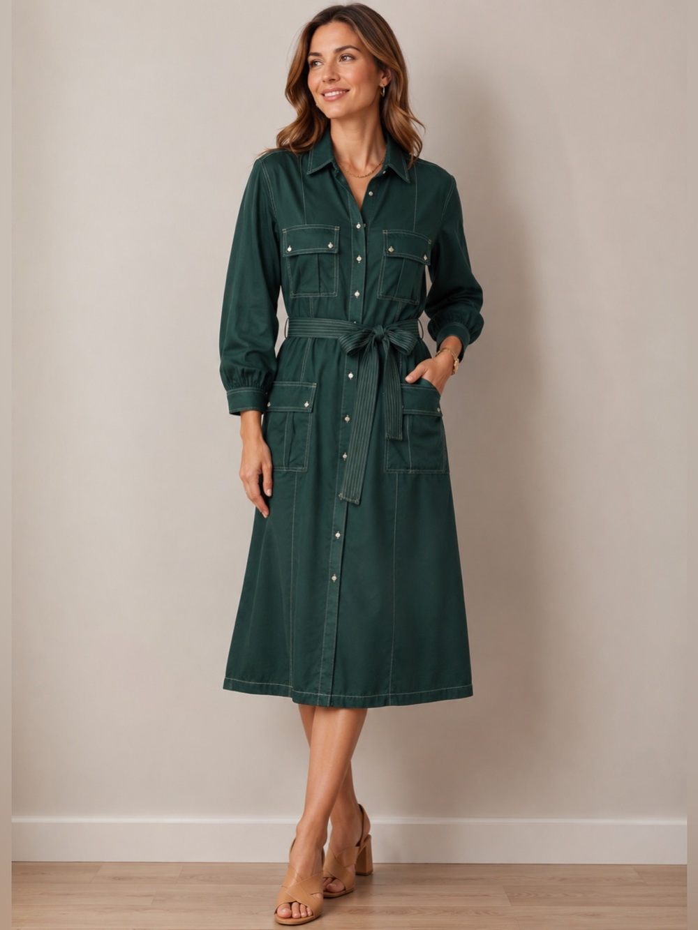THE GREAT Green Silk Utility Shirt Dress Belted Midi Cargo Pocket Dress M/L ?